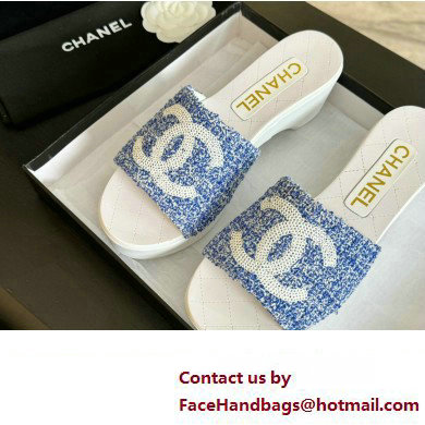 Chanel Tweed  &  Patent Calfskin Mules G45555 Blue 2024